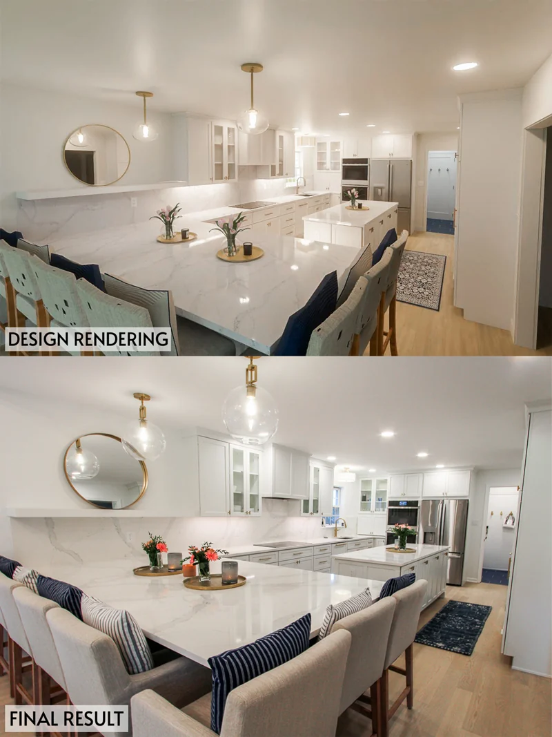 Kitchen design rendering compared with the completed remodel.
