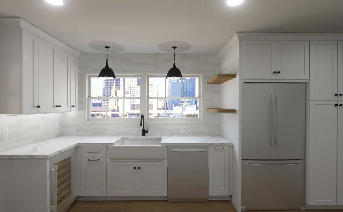 White kitchen with black pendant lights above the sink, recessed lights and under-cabinet lighting.