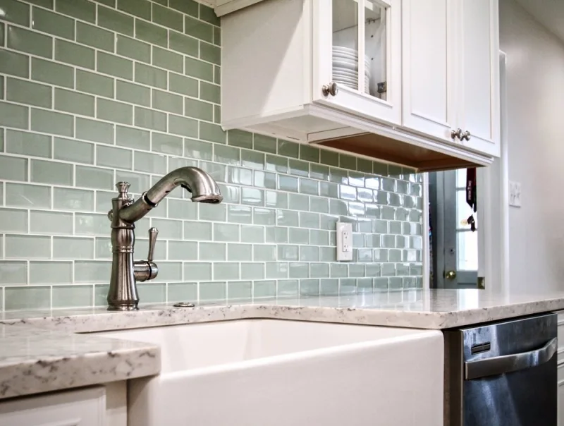 Crocodile Green Backsplash Transitional Kitchen Makeover in Philadelphia