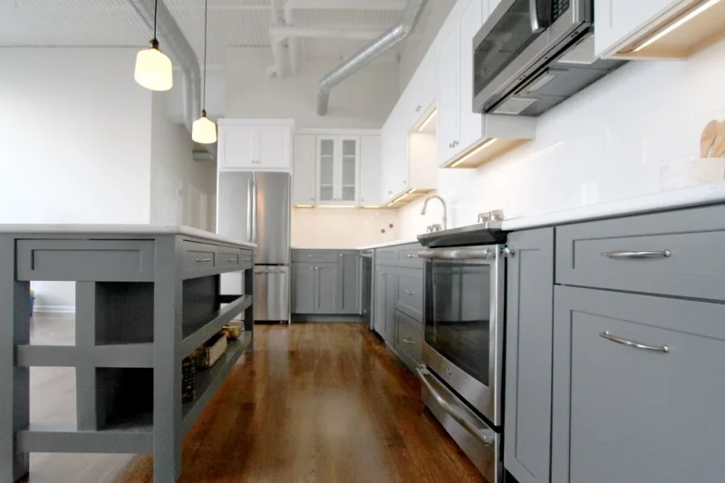 Exposed Ceiling Clean Industrial Kitchen Remodeling in Philadelphia